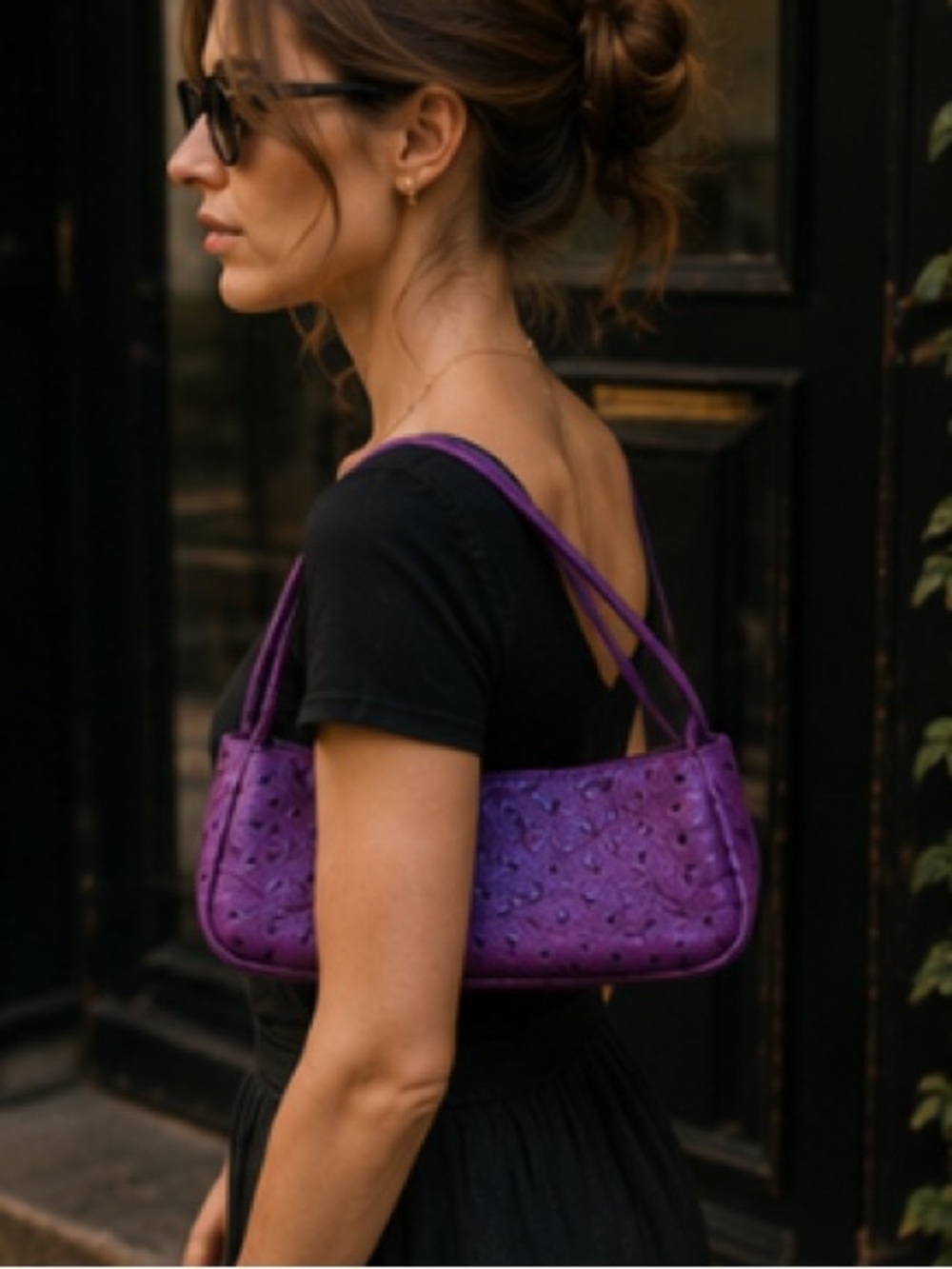 Elegant Farrutx Purple Leather Baguette Shoulder Bag